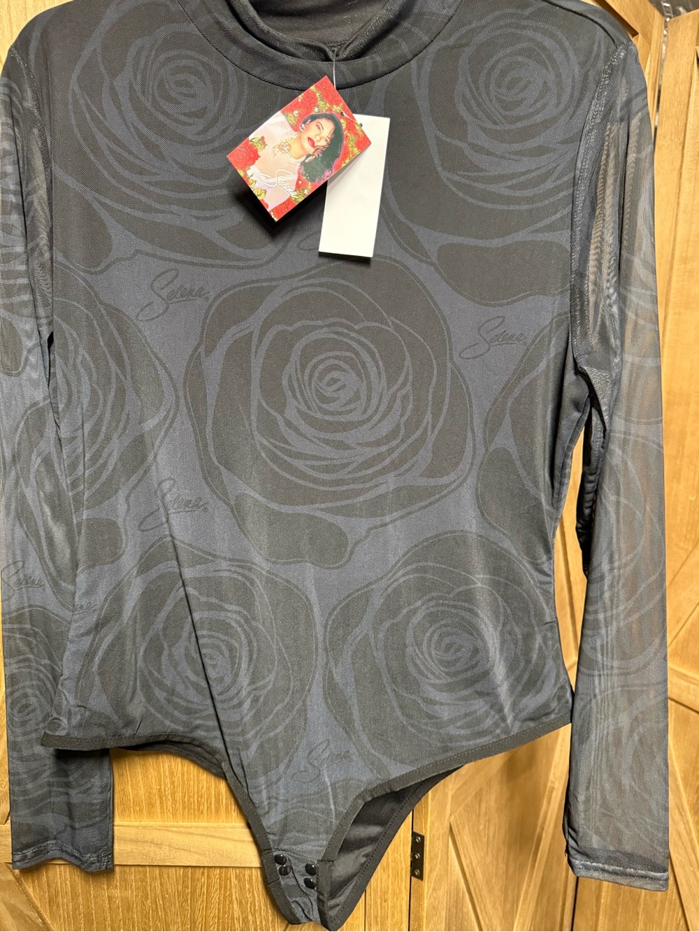 Selena NWT Black Rose-Print Mesh Long Sleeve Bodysuit 1X